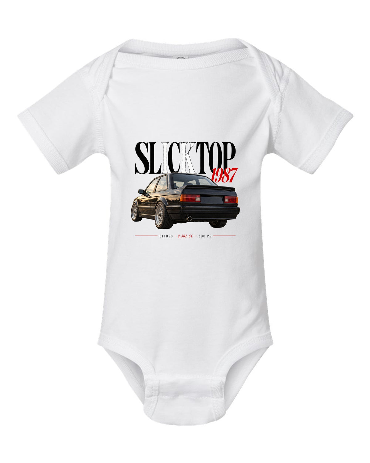 BMW E30 M3 Slicktop 1987 editorial headline print with S14B23 spec text white baby onesie front view with the design