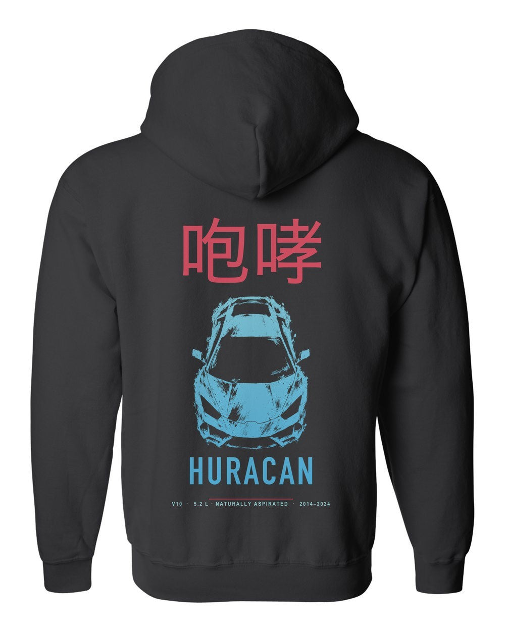 HURACAN full-back artwork black zip hoodie back view with the design