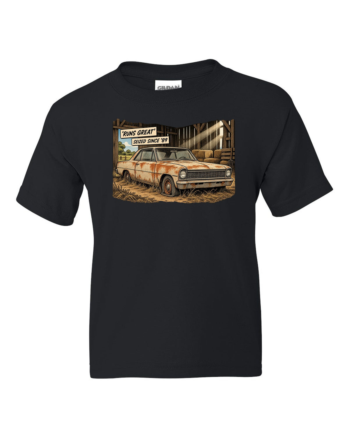 Synthwave print of a 1971 Chevelle SS 454 taillights with the text Runs Great, Seized Since '89 black kids tee front view with the design