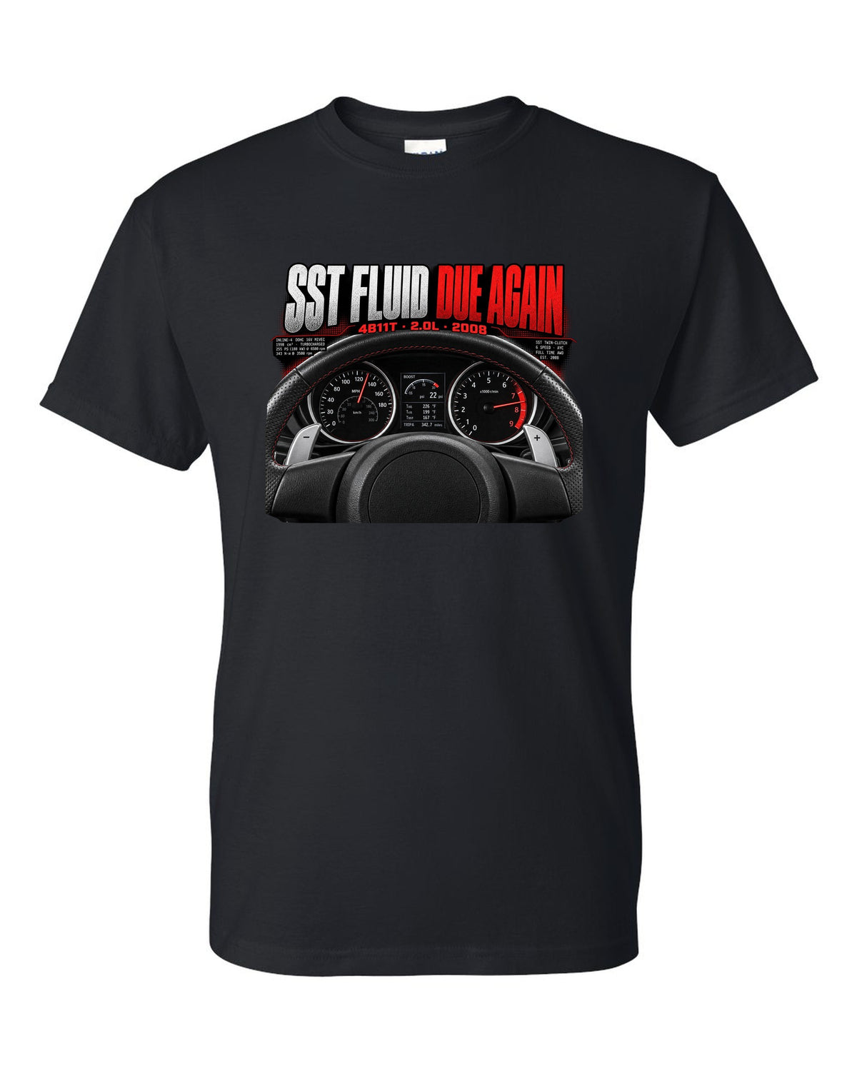 Mitsubishi Lancer Evolution X cockpit gauge print with SST fluid reminder text black t-shirt front view with the design