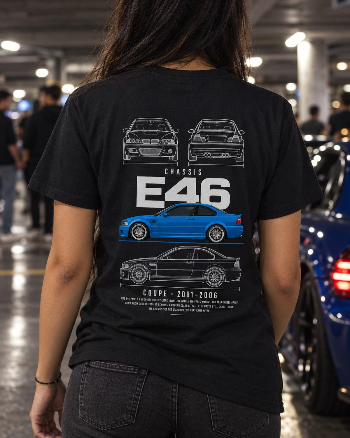 BMW E46 M3 coupe Blueprint Full-Back Graphic Tee, E46 Chassis Code T-Shirt Black worn hero