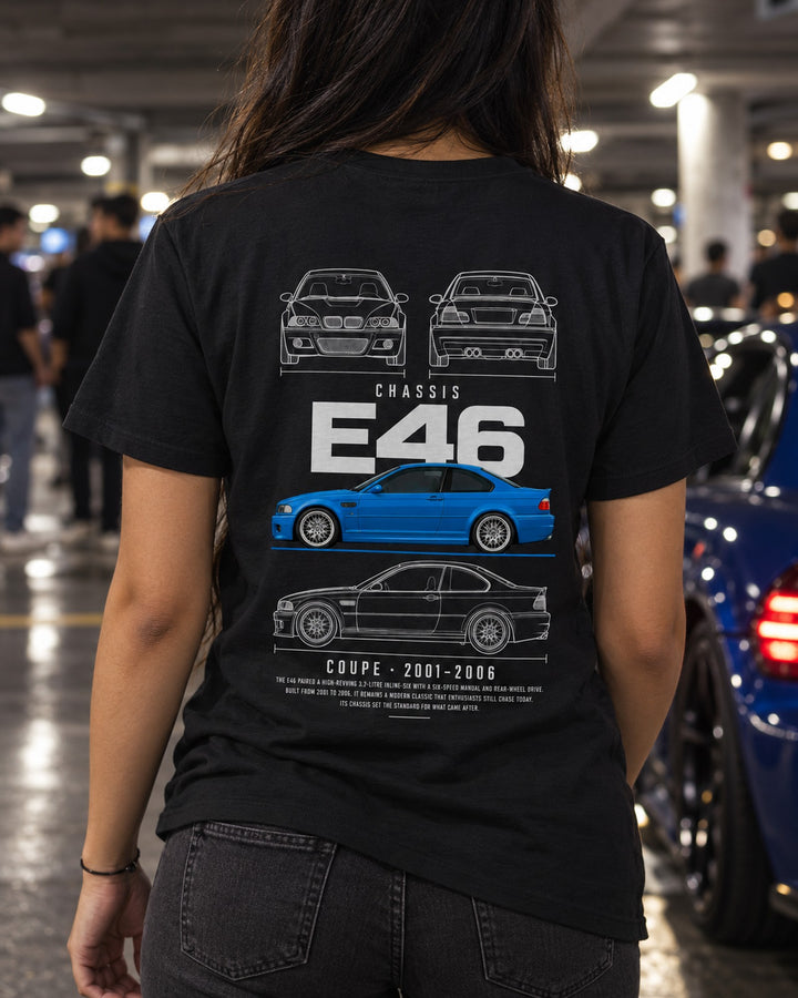 BMW E46 M3 coupe Blueprint Full-Back Graphic Tee, E46 Chassis Code T-Shirt Black worn hero