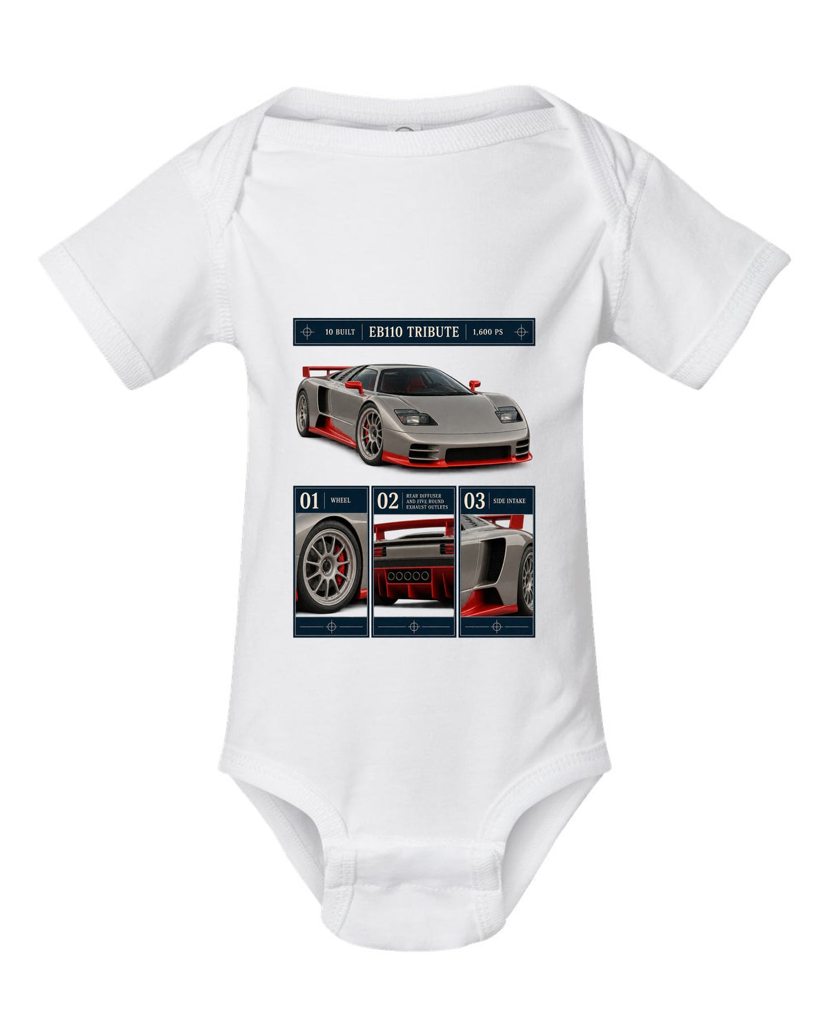 Bugatti Centodieci dossier panel print noting EB110 tribute and 10 built white baby onesie front view with the design