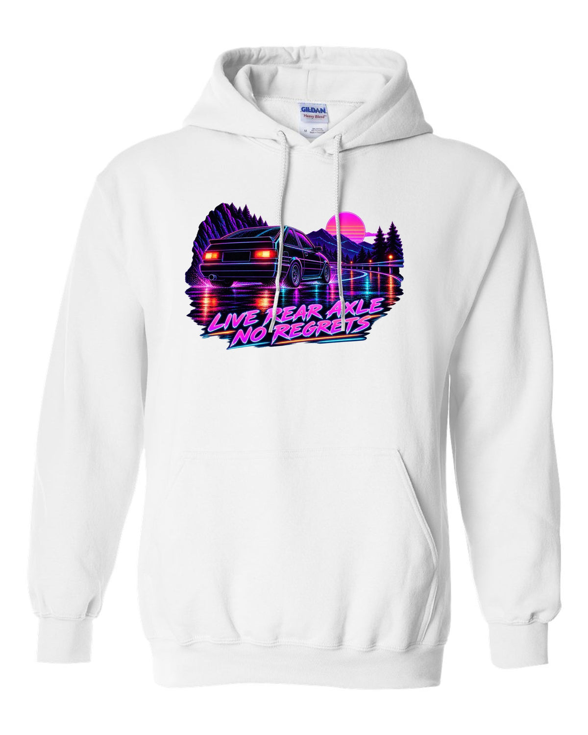 Neon synthwave line art print of a Toyota Corolla Levin AE86 with Live Rear Axle lettering white pull over hoodie front view with the design