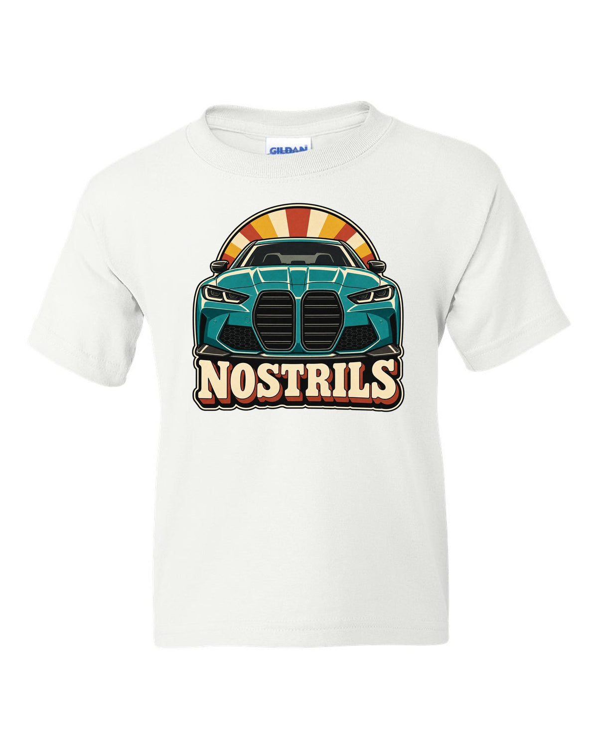 BMW G80 M3 retro catalogue ad style print with Nostrils text white kids tee front view with the design