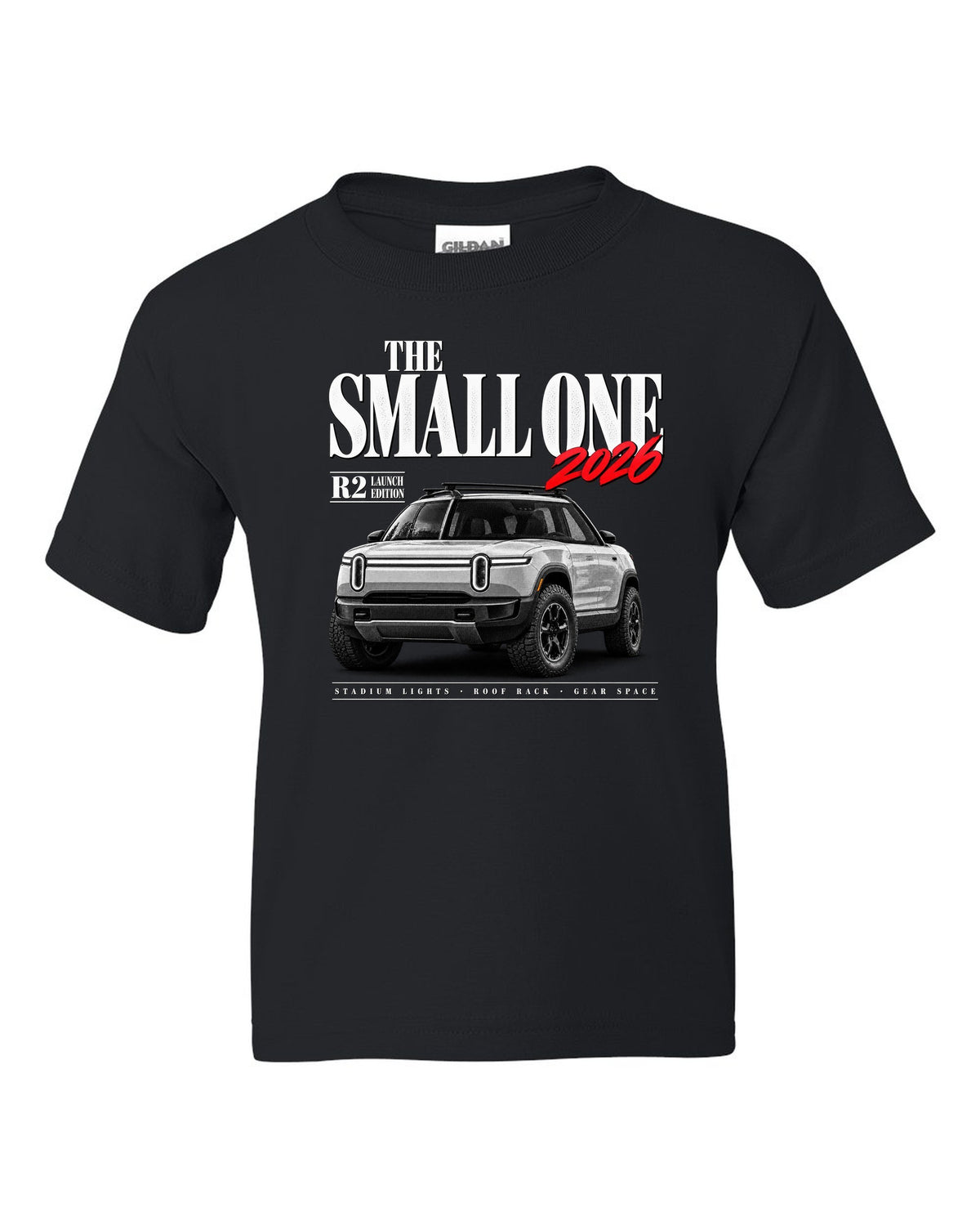 Rivian R2 2026 launch edition editorial headline reading The Small One black kids tee front view with the design