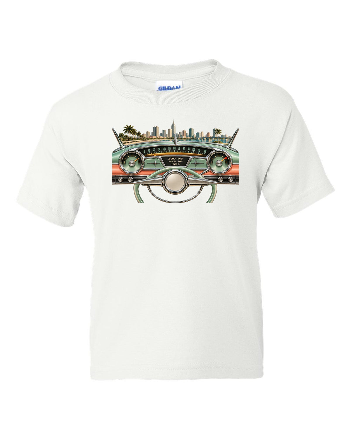 1959 Cadillac Series 62 dashboard instrument cluster HUD graphic with 390 V8 text white kids tee front view with the design