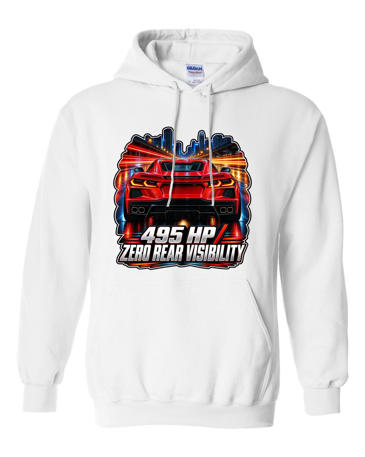 Long-exposure night poster print of a 2020 Chevrolet Corvette C8 Stingray with 495 HP zero rear visibility lettering white pull over hoodie front view with the design