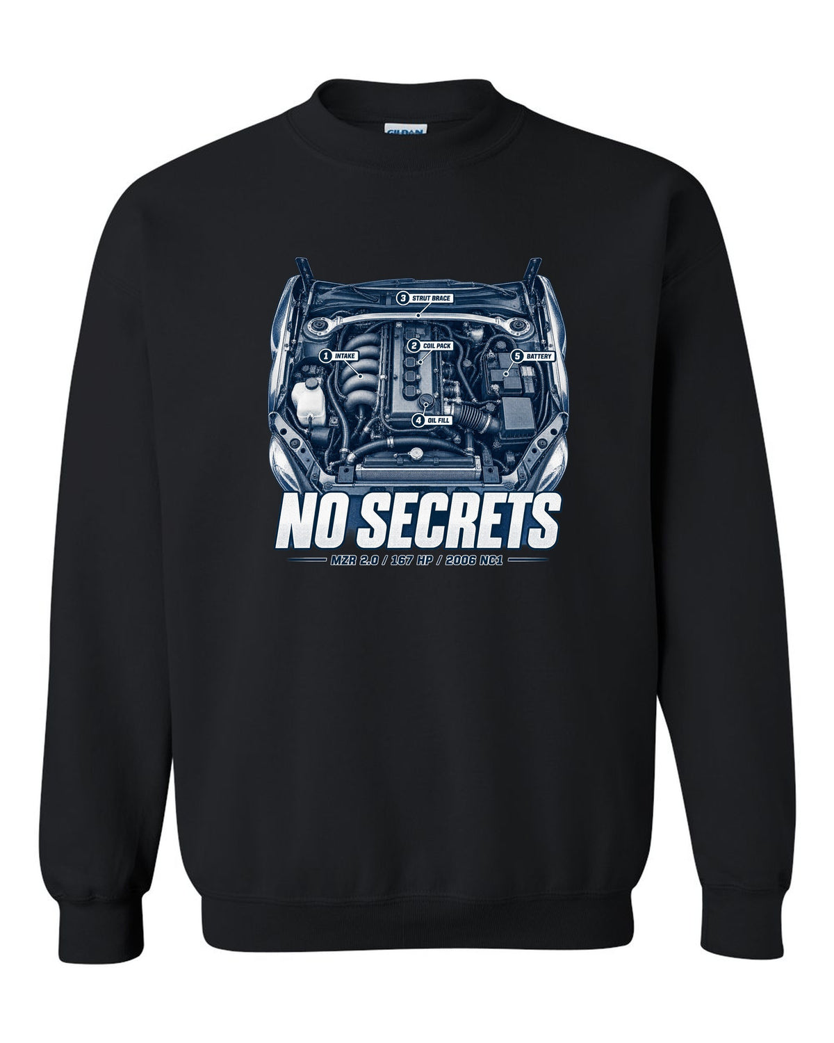 Engine hero print for the 2006 Mazda MX-5 NC1 with MZR 2.0 and 167 HP lettering black crewneck front view with the design