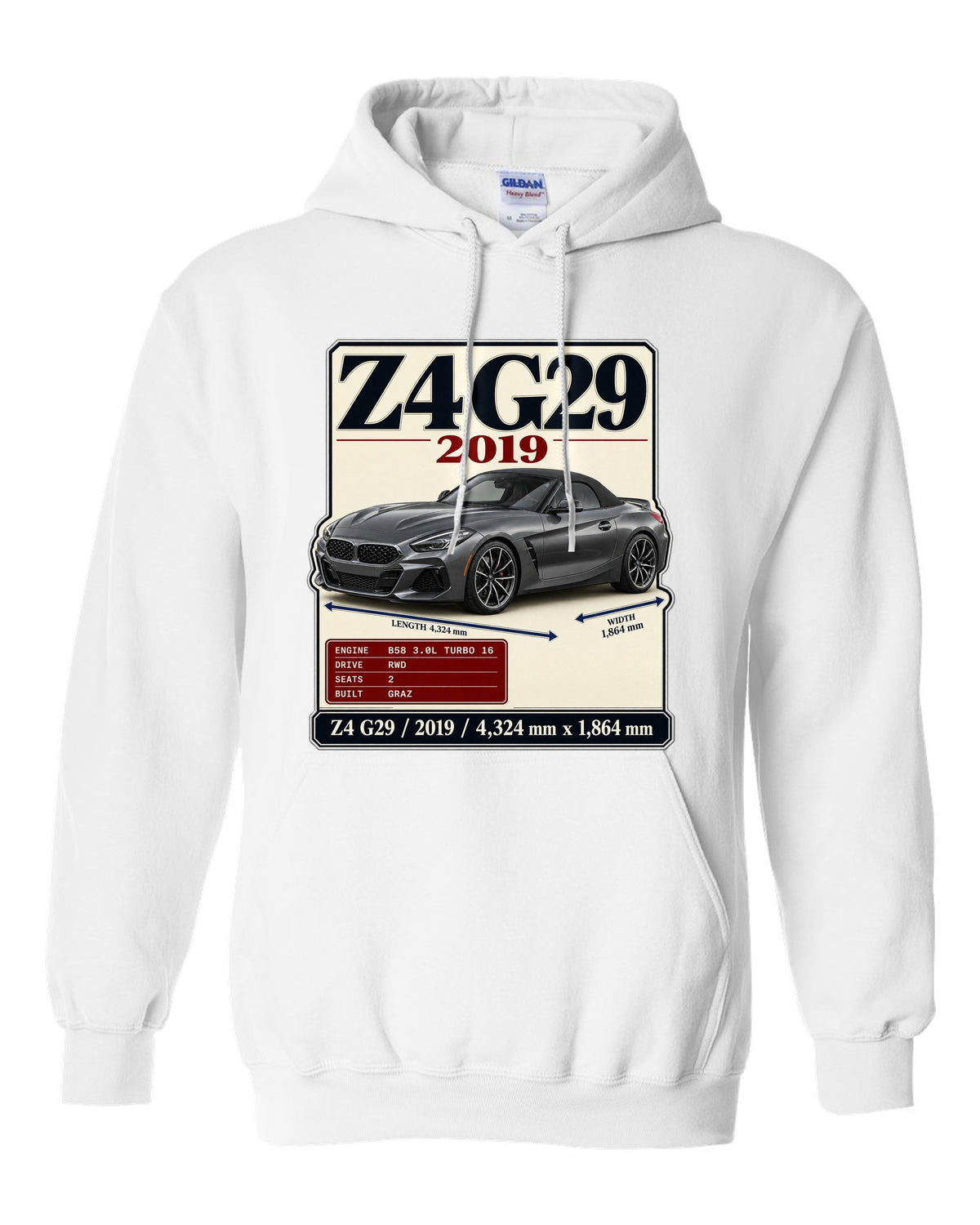 Archive plate print of the BMW Z4 G29 M40i First Edition with 2019 and dimensions white pull over hoodie front view with the design