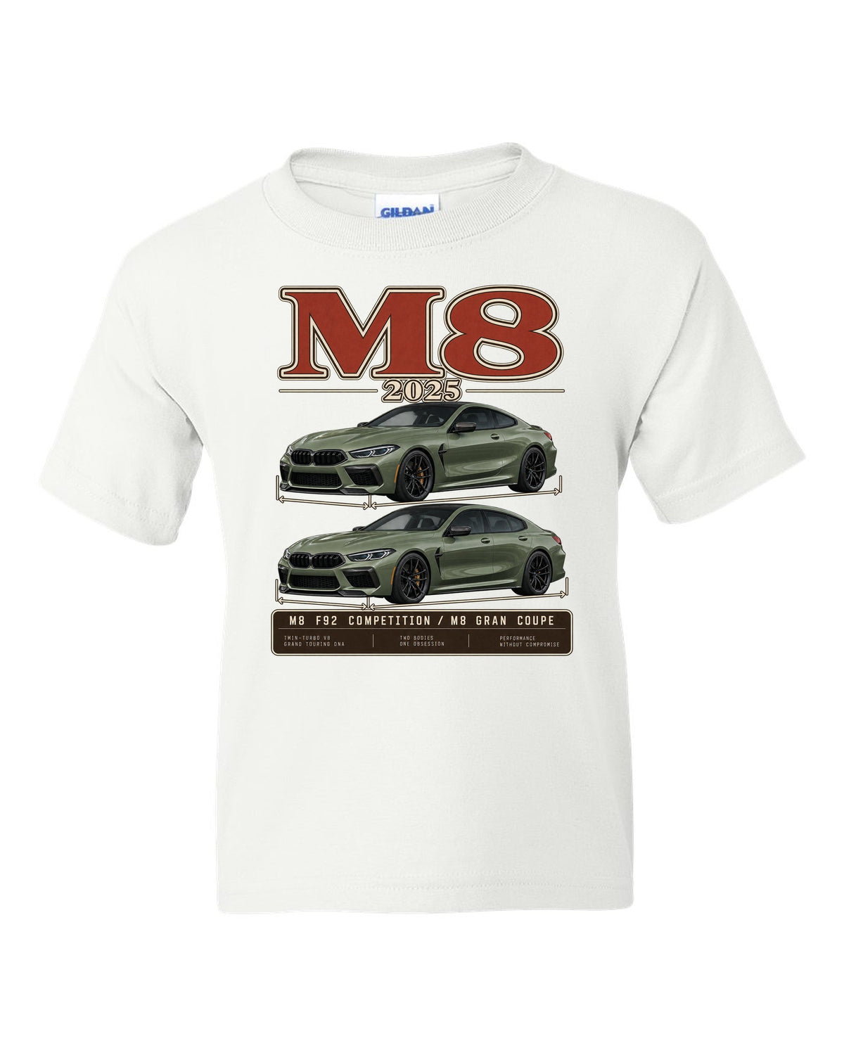 BMW M5 Touring 2025 archive panel print on a tee white kids tee front view with the design