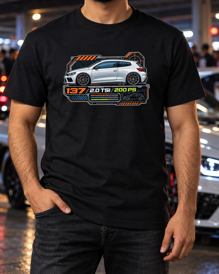 VW Scirocco Mk3 2.0 TSI 200 PS Spec Sheet Data Plate Shirt T-Shirt Black worn hero