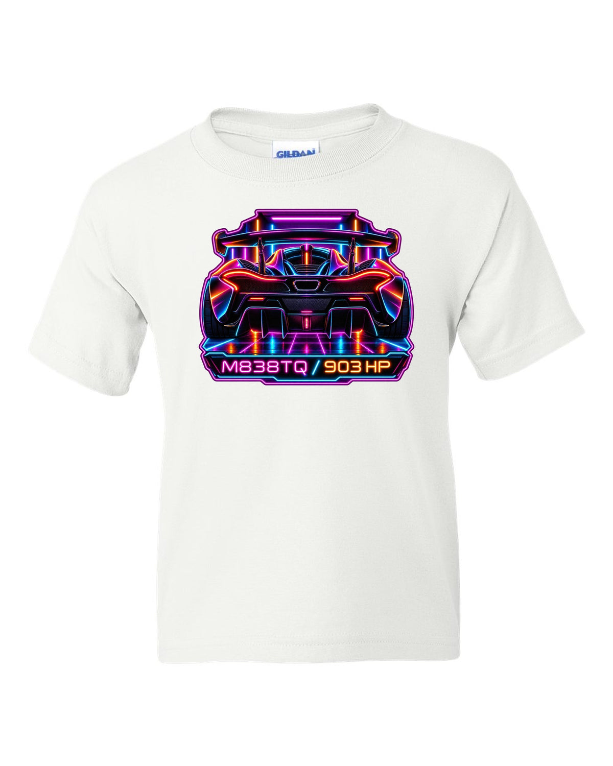 Synthwave neon print of the McLaren P1 with M838TQ and 903 HP lettering white kids tee front view with the design