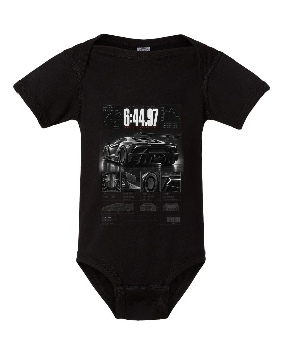 Dossier panel print of a Lamborghini Aventador SVJ LP770-4 with 6:44.97 production record text black baby onesie front view with the design