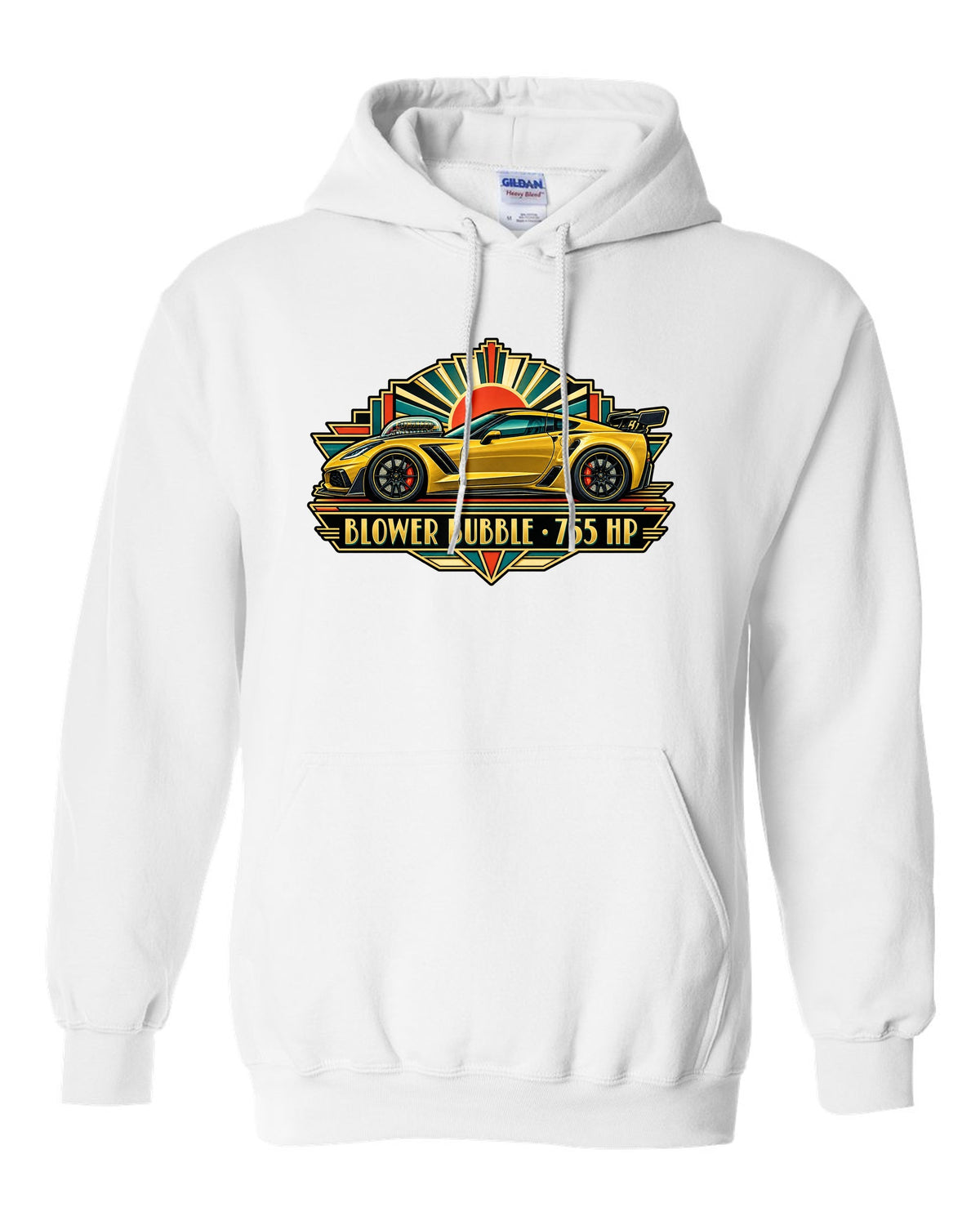 Art deco racing poster print of a 2019 Chevrolet Corvette C7 ZR1 with 755 HP blower bubble lettering white pull over hoodie front view with the design