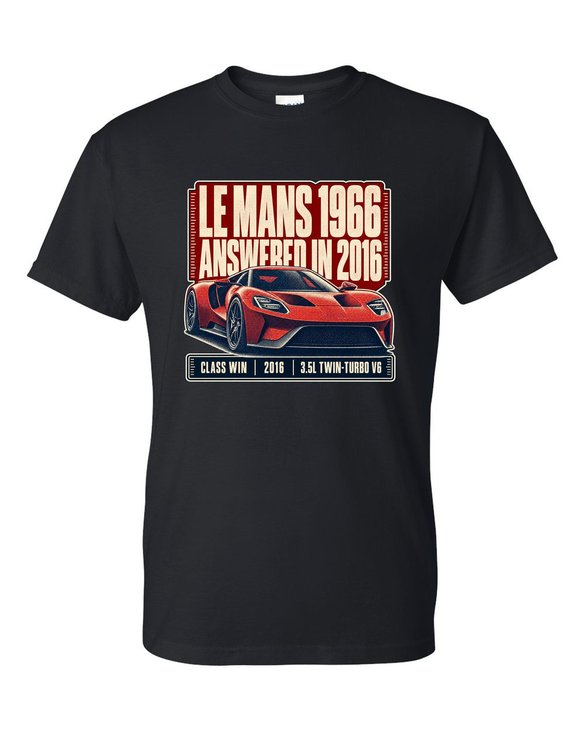 Halftone print of a Ford GT low front three-quarter with Le Mans 1966 and 2016 text black t-shirt front view with the design