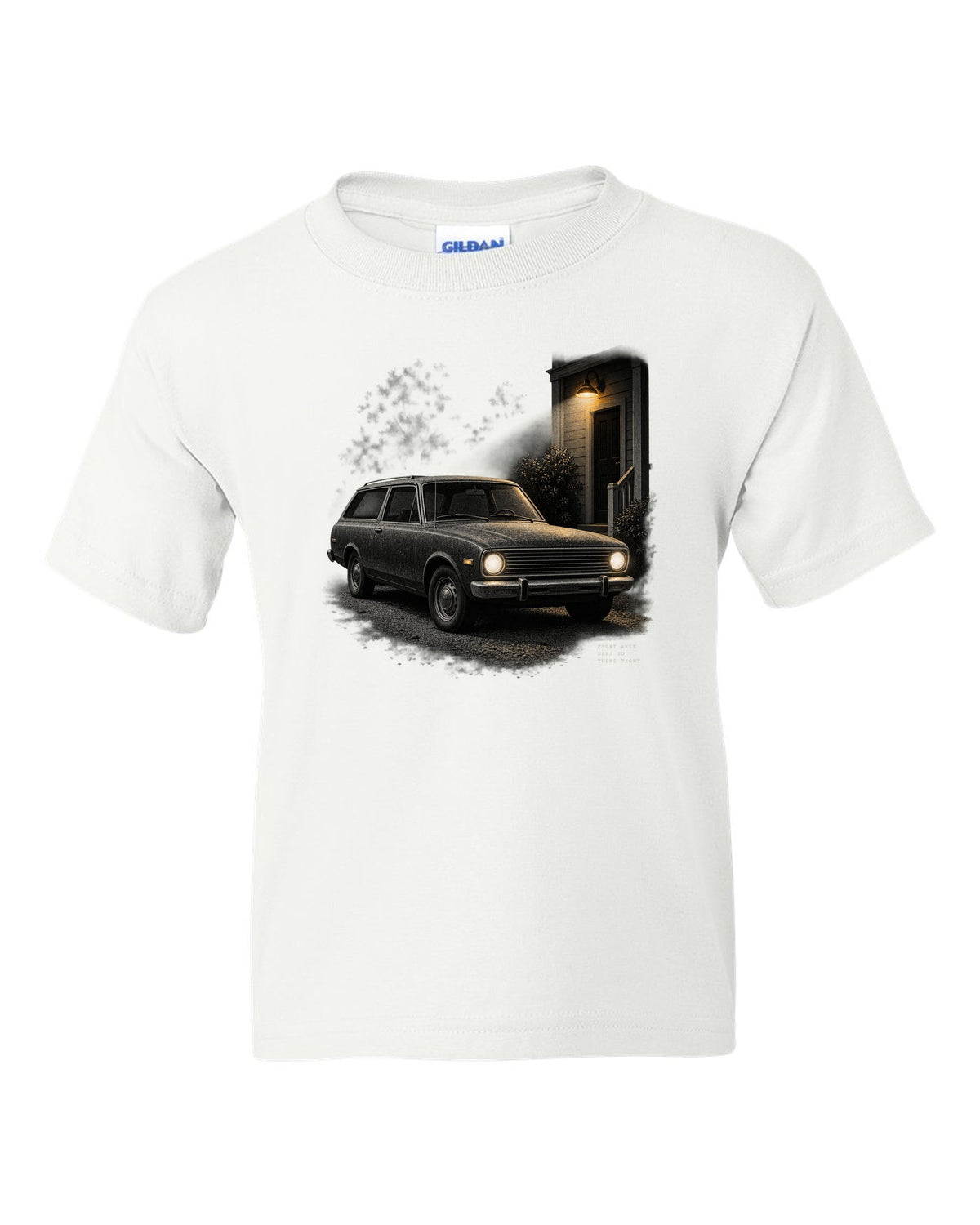 Night print of a 1966-77 early Ford Bronco U15 with Dana 30 front axle text white kids tee front view with the design