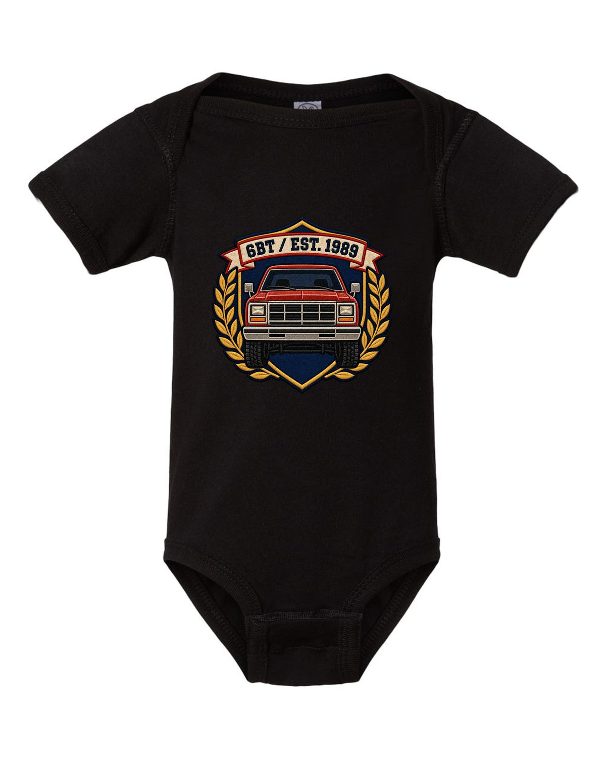 Varsity shield crest print for a first-generation Dodge Ram D250 6BT Cummins black baby onesie front view with the design