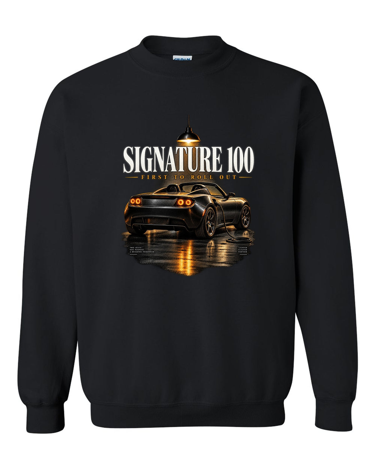 Tesla Roadster Gen 1 Signature 2008 in a night garage with the text Signature 100 first to roll out black crewneck front view with the design