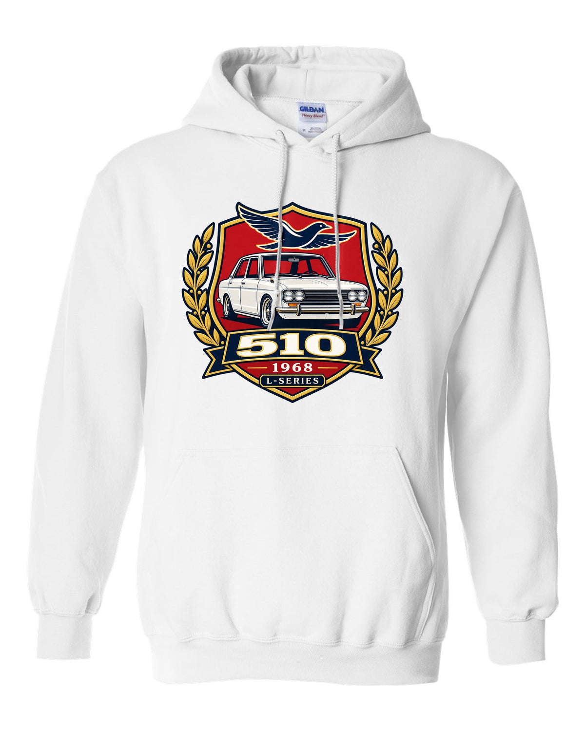 Shield crest print for the Datsun 510 with 510, 1968 and L-Series lettering white pull over hoodie front view with the design