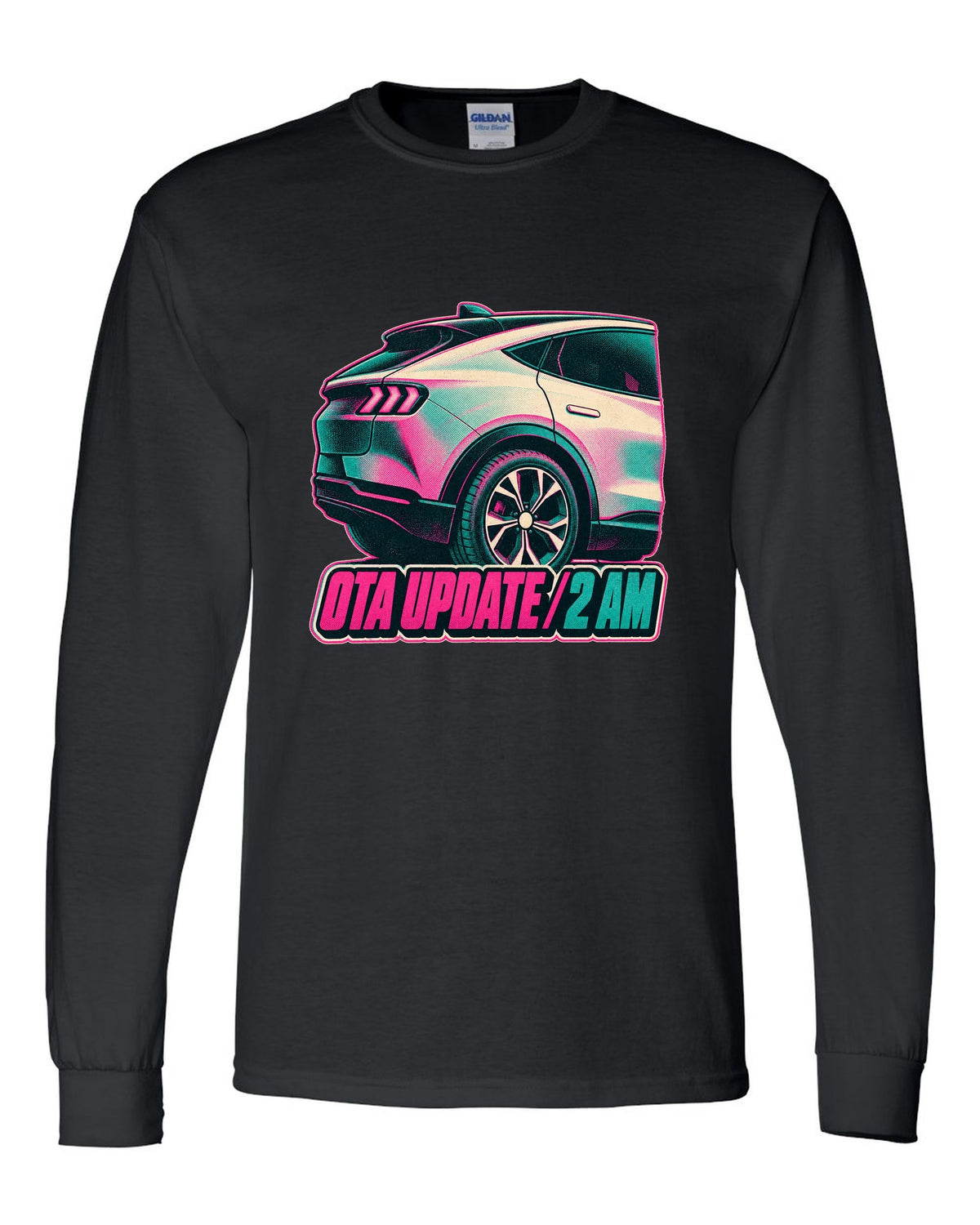 Risograph halftone wheel print of a 2020 Mustang Mach-E CX727 reading OTA Update 2 AM black long sleeve front view with the design