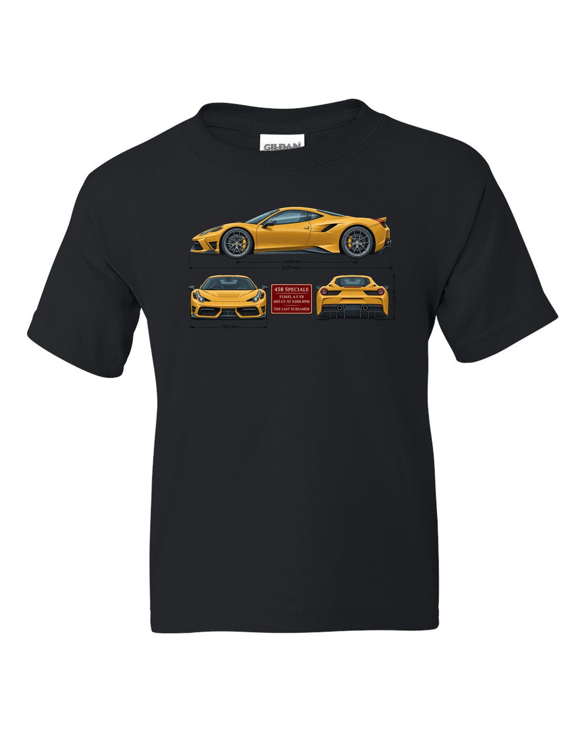 Three-view spec table print of the Ferrari 458 Speciale in ochre black kids tee front view with the design