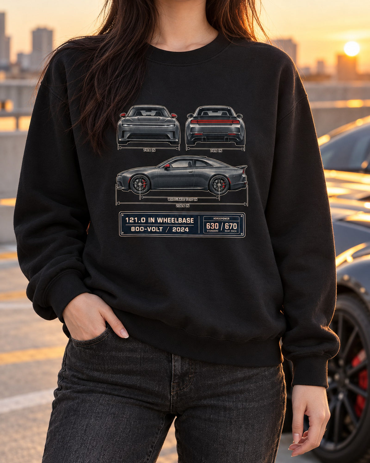 Dodge Charger Daytona Scat Pack 2024 Blueprint Car Shirt Crewneck Black worn hero