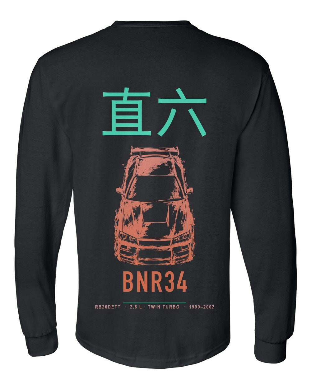 BNR34 full-back artwork black long sleeve back view with the design