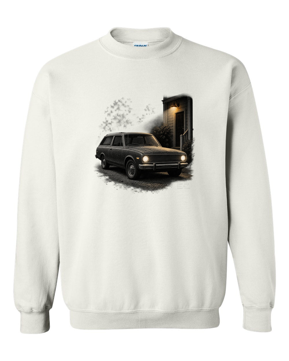 Night print of a 1966-77 early Ford Bronco U15 with Dana 30 front axle text white crewneck front view with the design