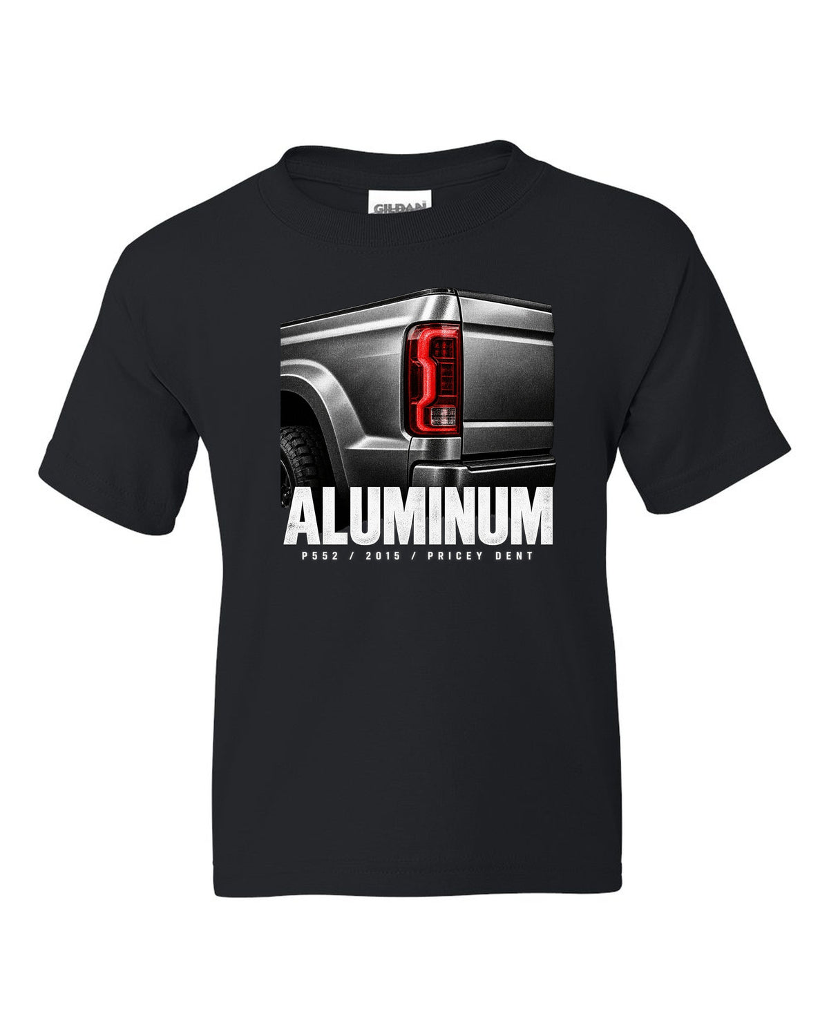 Macro print of a 2015-20 Ford F-150 P552 tailgate with aluminum and pricey dent text black kids tee front view with the design