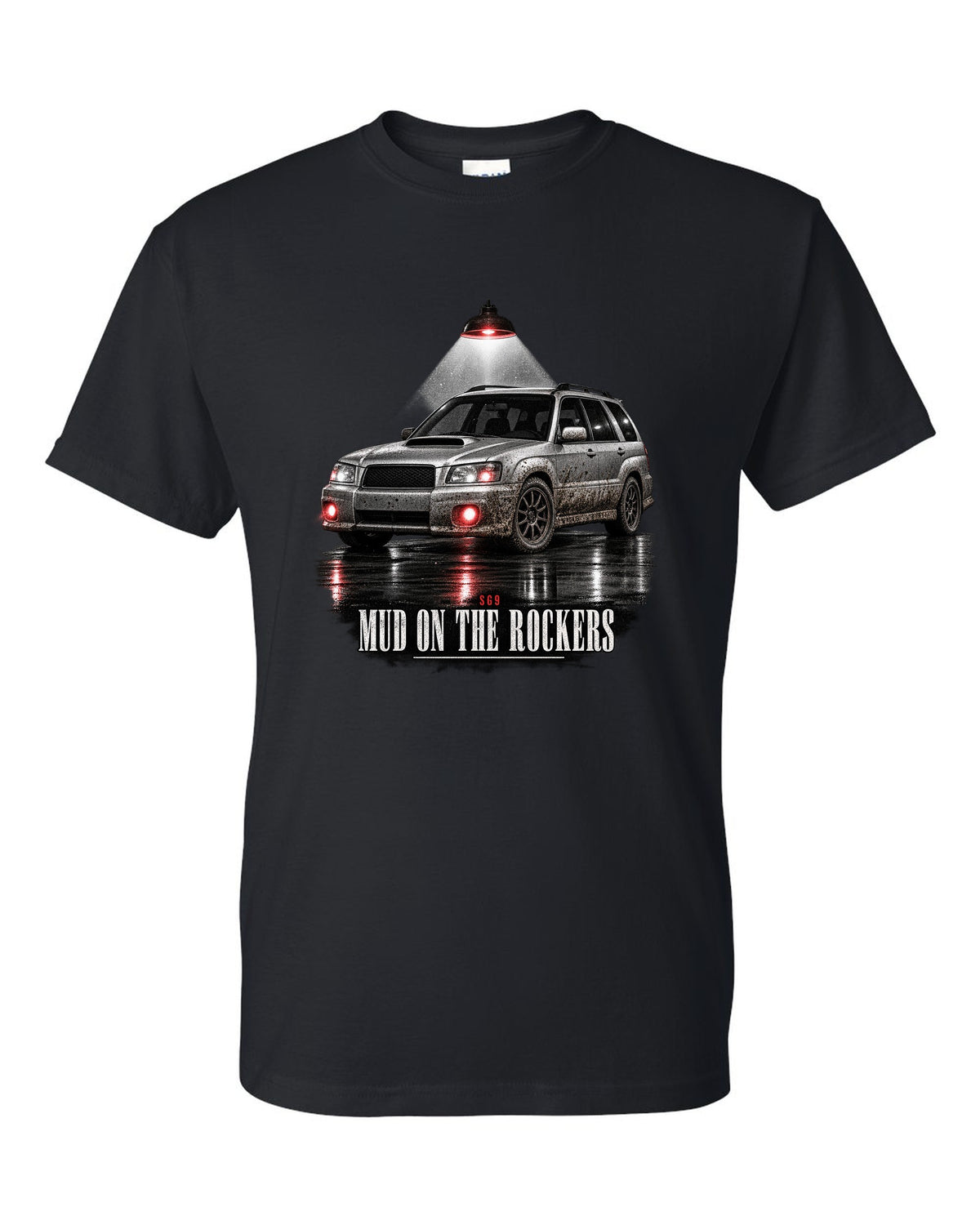 Garage night print for the Subaru Forester SG9 reading Mud on the Rockers black t-shirt front view with the design