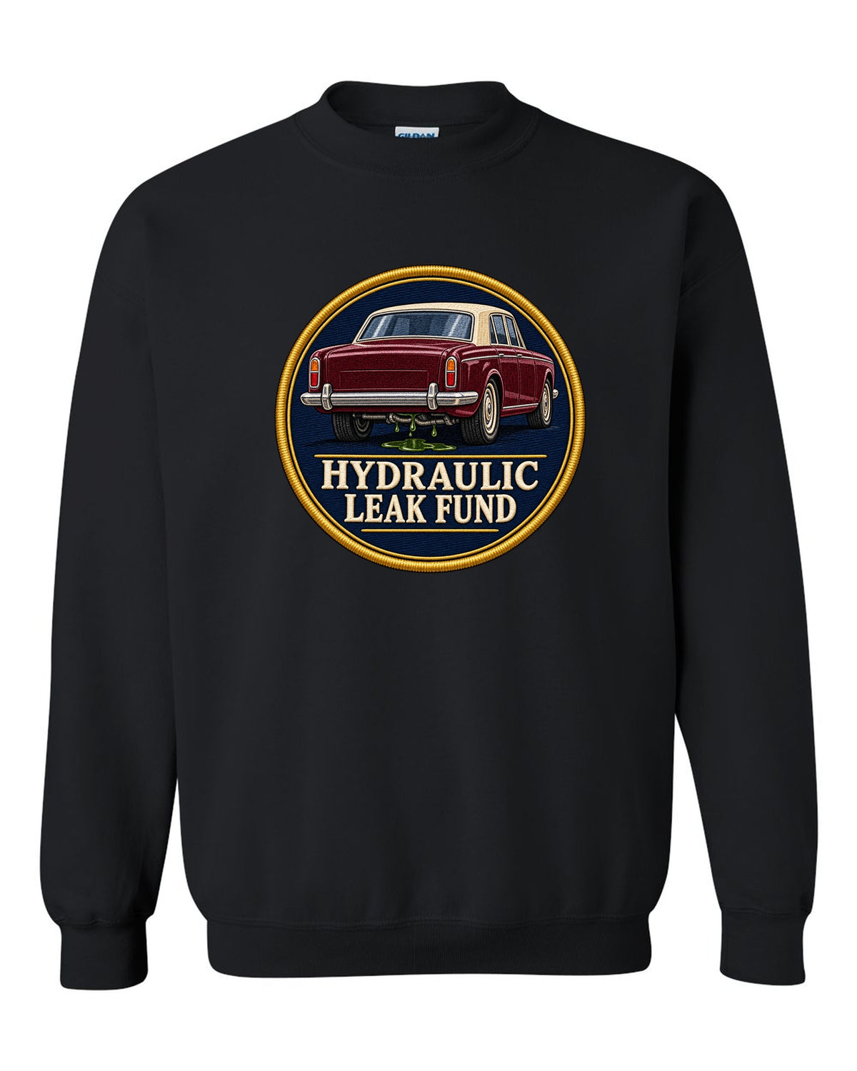 Art Deco line drawing print of a 1952 Bentley R-Type Continental with leak fund lettering black crewneck front view with the design