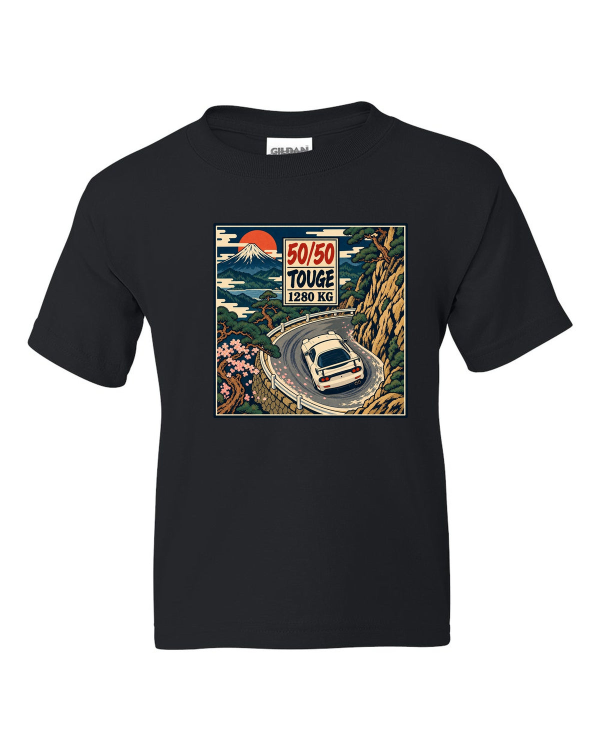 Lo-fi anime harbour dusk scene with a Mazda RX-7 FD3S and SA22C and HIROSHIMA lettering black kids tee front view with the design