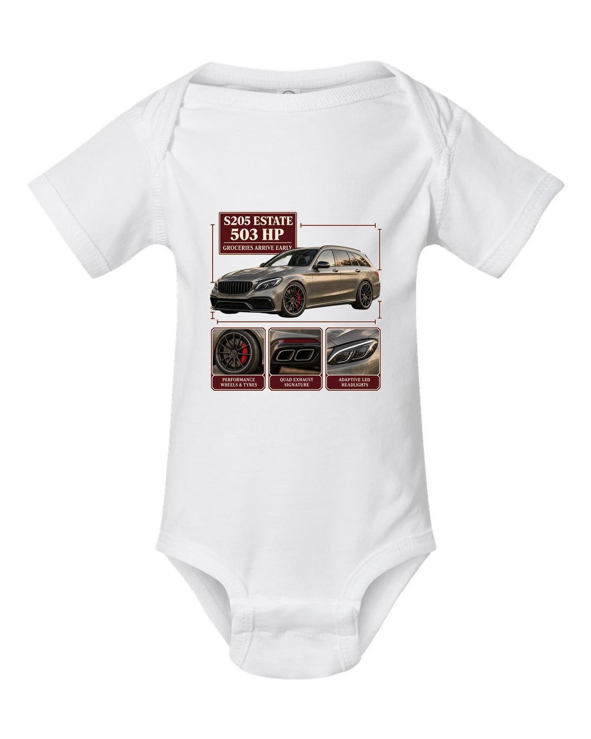 Mercedes-AMG C63 S Estate S205 dossier panel design in warm grey white baby onesie front view with the design