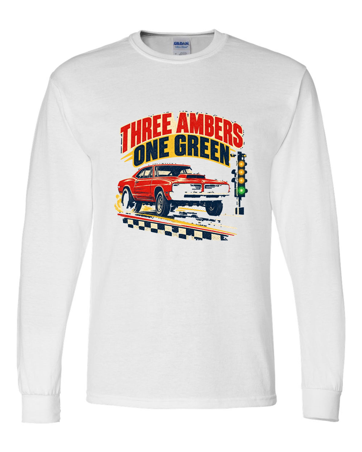 Vintage drag-race poster of a 1969 Plymouth Road Runner with the Christmas tree lights white long sleeve front view with the design