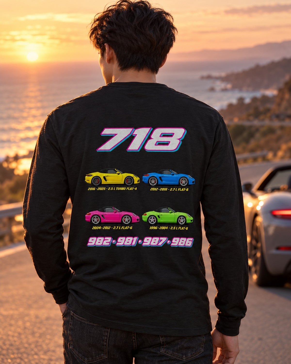 Porsche Boxster 718 Evolution Poster Full-Back Graphic Tee Long Sleeve Black worn hero