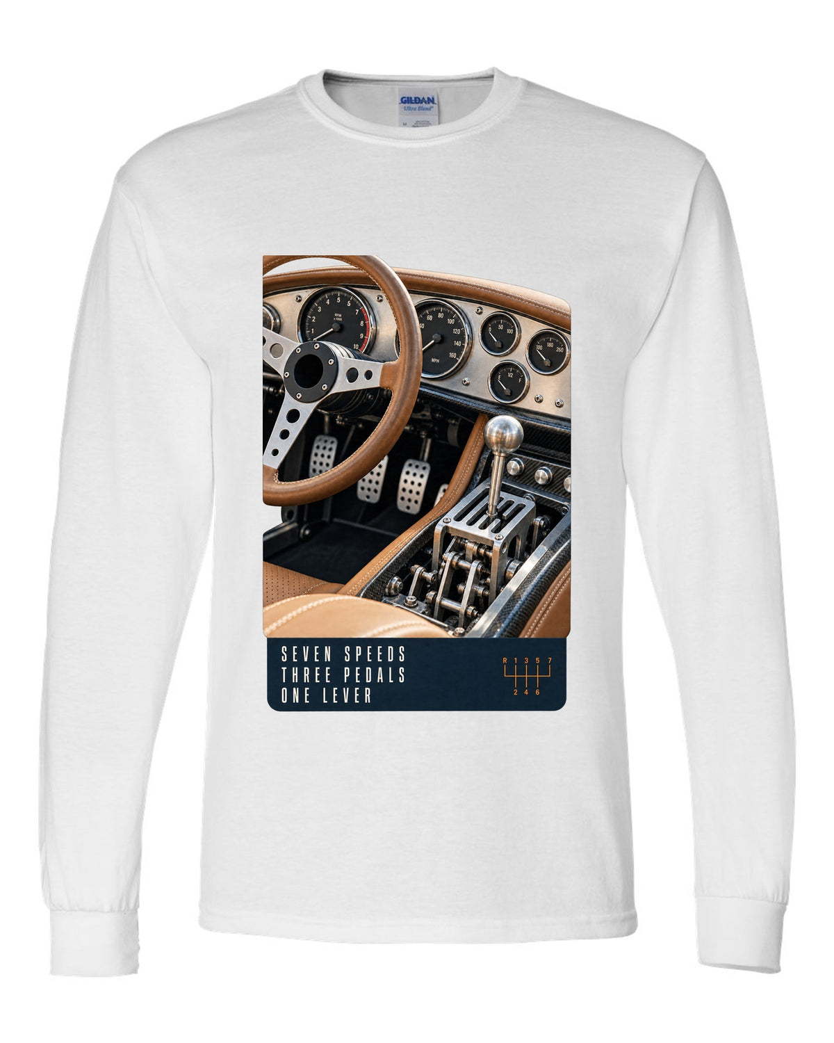print of the Pagani Utopia manual cockpit and gated shifter white long sleeve front view with the design