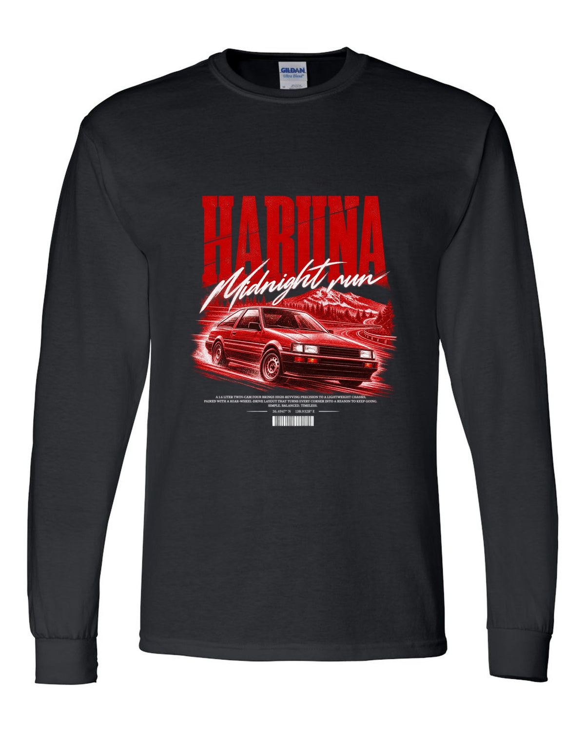 Street poster print of a Toyota Corolla Levin AE86 with the text Haruna Midnight Run black long sleeve front view with the design