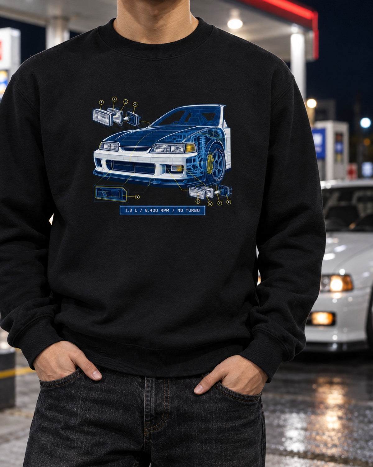 Honda Integra Type R DC2 B18C Blueprint Shirt, 8,400 RPM Crewneck Black worn hero