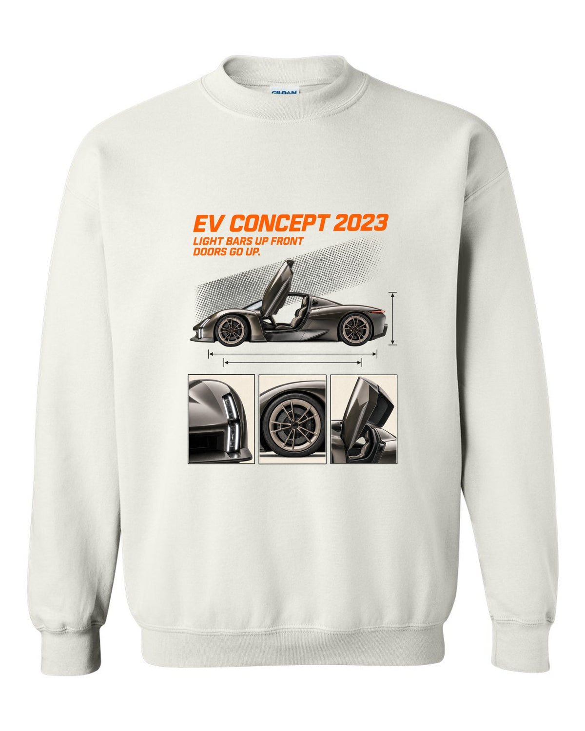 Porsche Mission X electric concept dossier panels print design white crewneck front view with the design