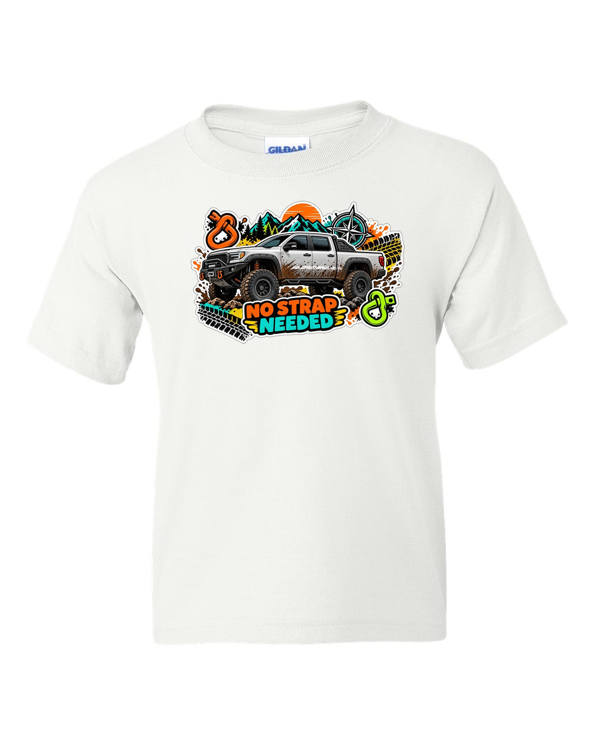 Sticker bomb collage print of a Ram Power Wagon 2500 4x4 with No Strap Needed text white kids tee front view with the design