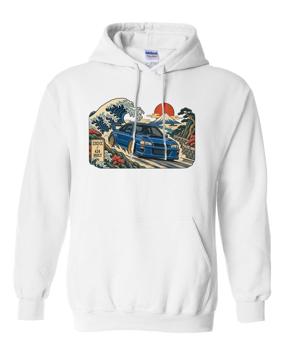 Ukiyo-e woodblock style Subaru Impreza 22B STI in front of a wave white pull over hoodie front view with the design