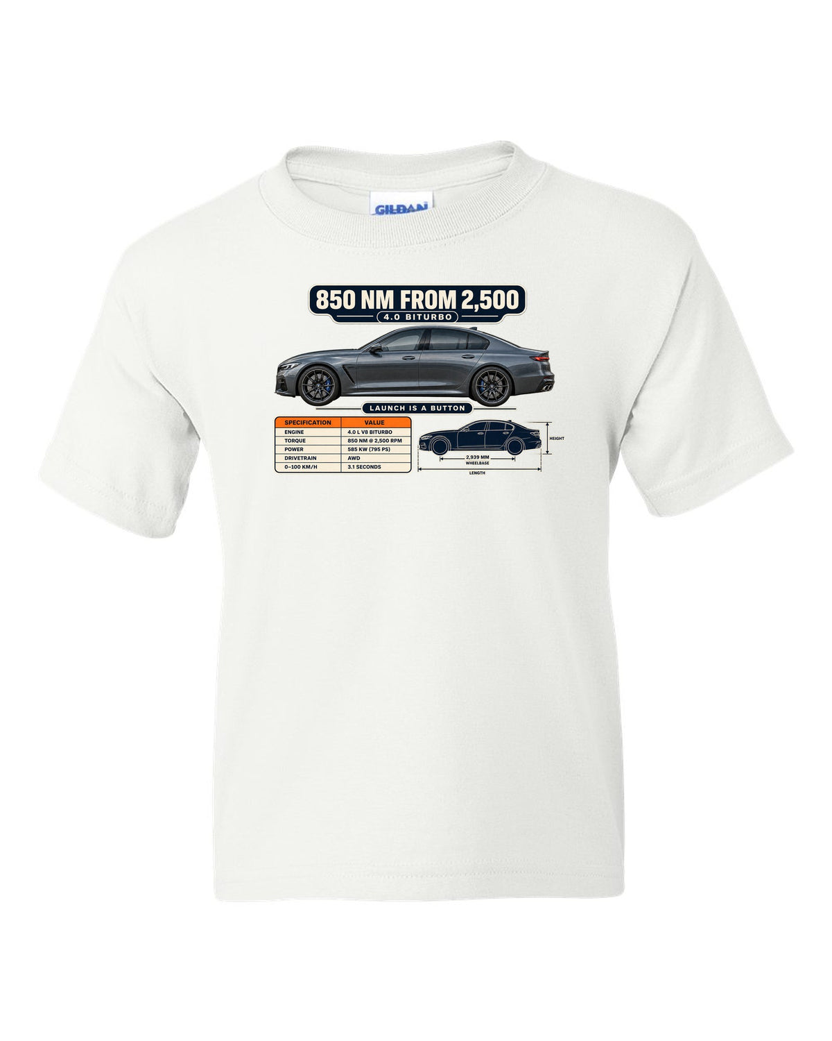 Spec poster print of a Nardo-style grey Mercedes-AMG E63 S W213 facelift white kids tee front view with the design