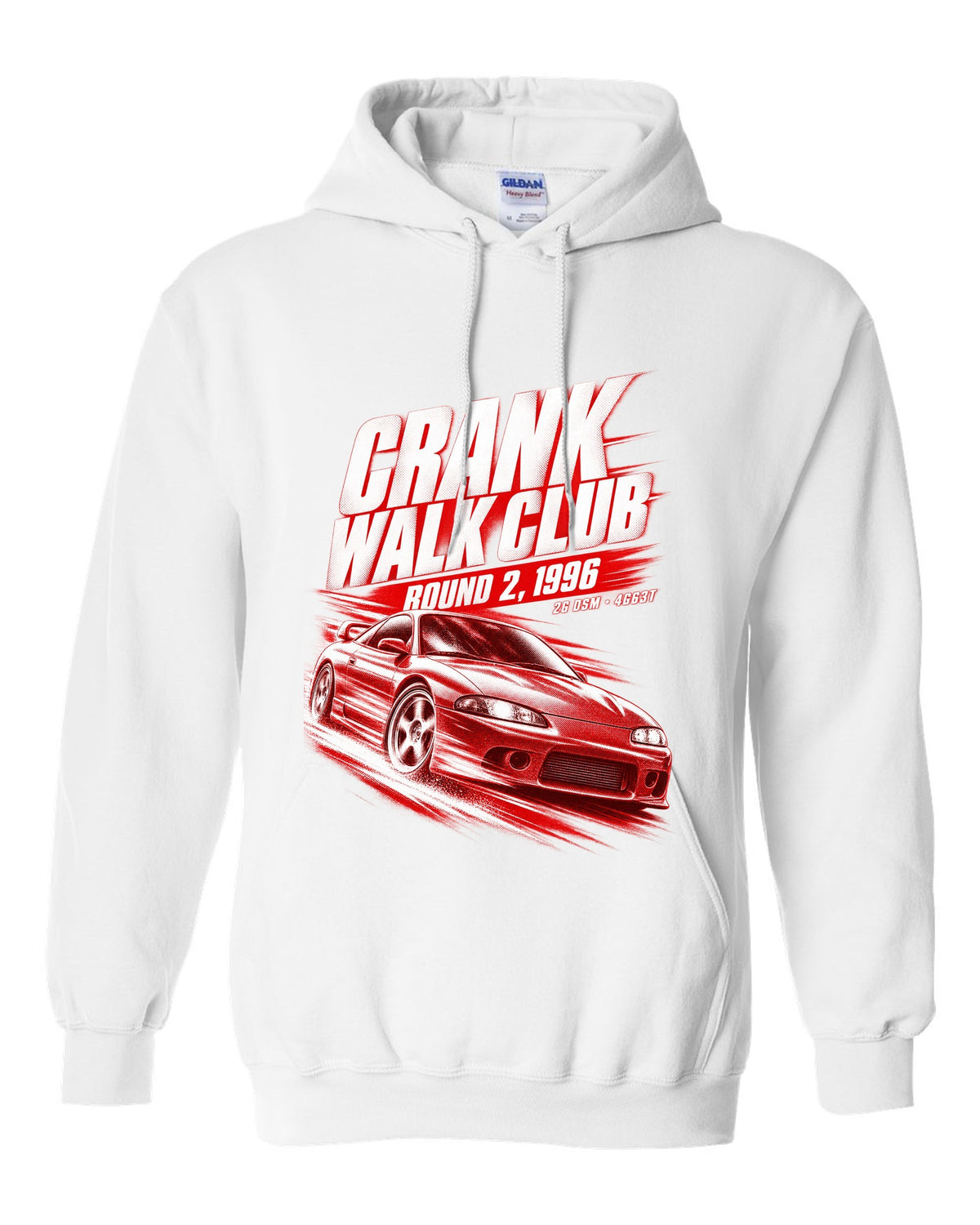 Mitsubishi Eclipse GSX 2G DSM race poster print with 4G63T and Crank Walk Club text white pull over hoodie front view with the design