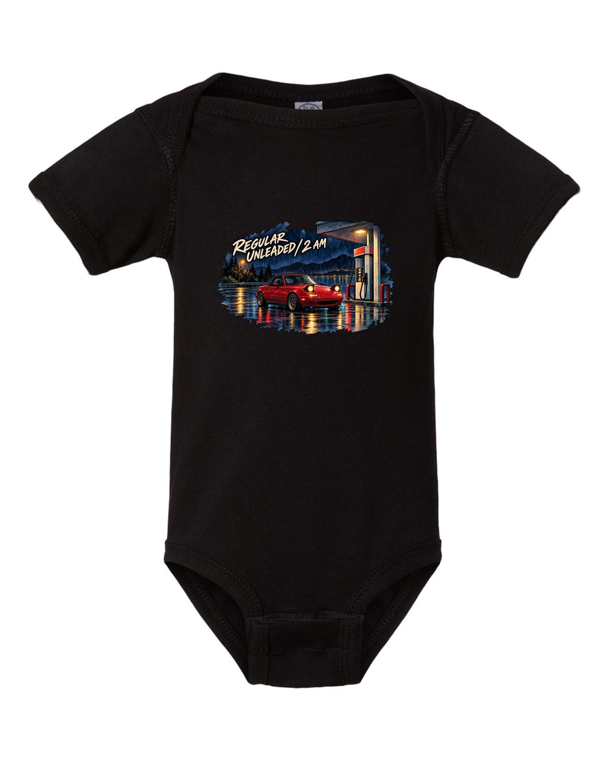 Watercolour wet-road night scene of a Mazda MX-5 NA at a fuel stop black baby onesie front view with the design