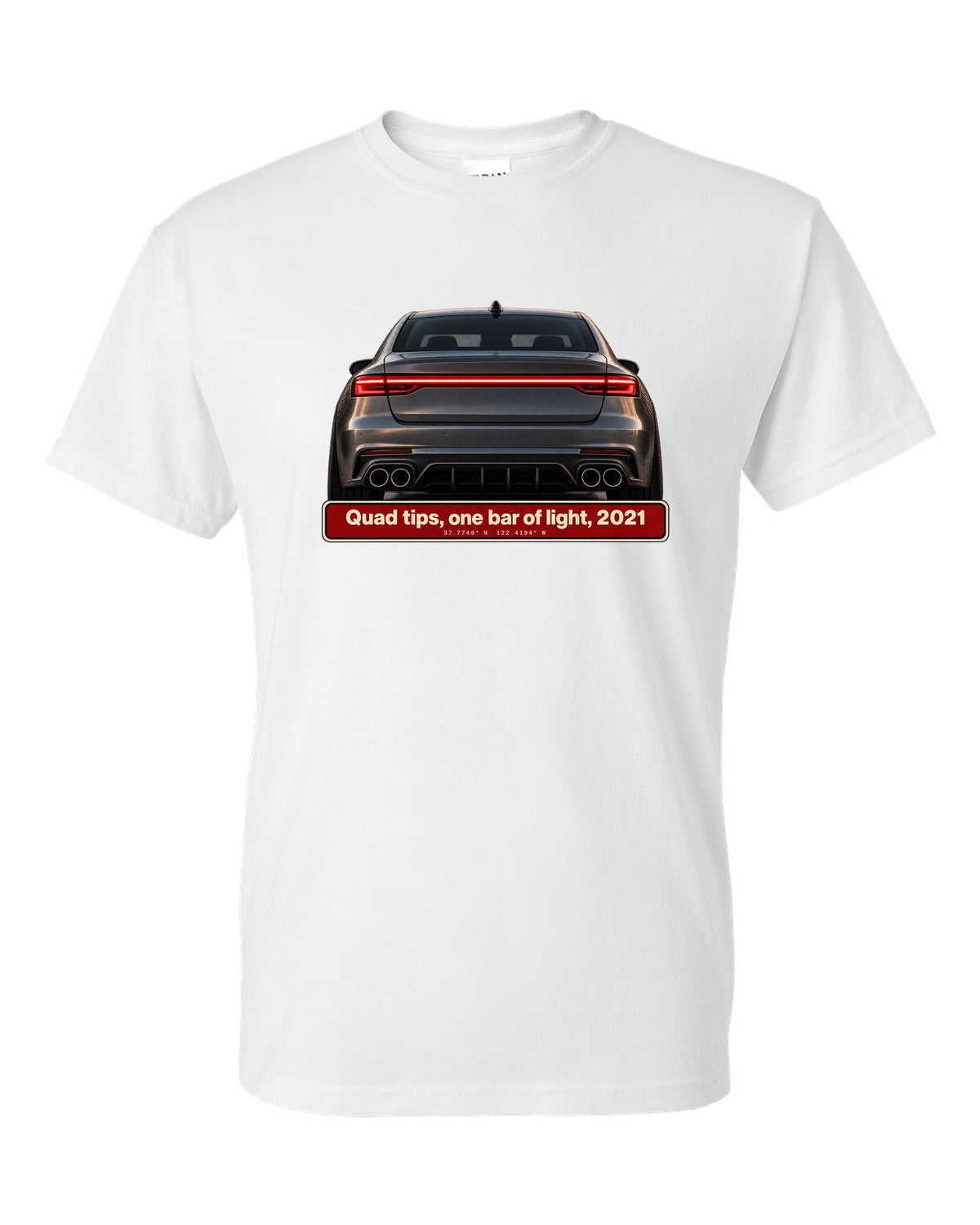 Acura TLX Type S taillight and quad exhaust tips macro print white t-shirt front view with the design