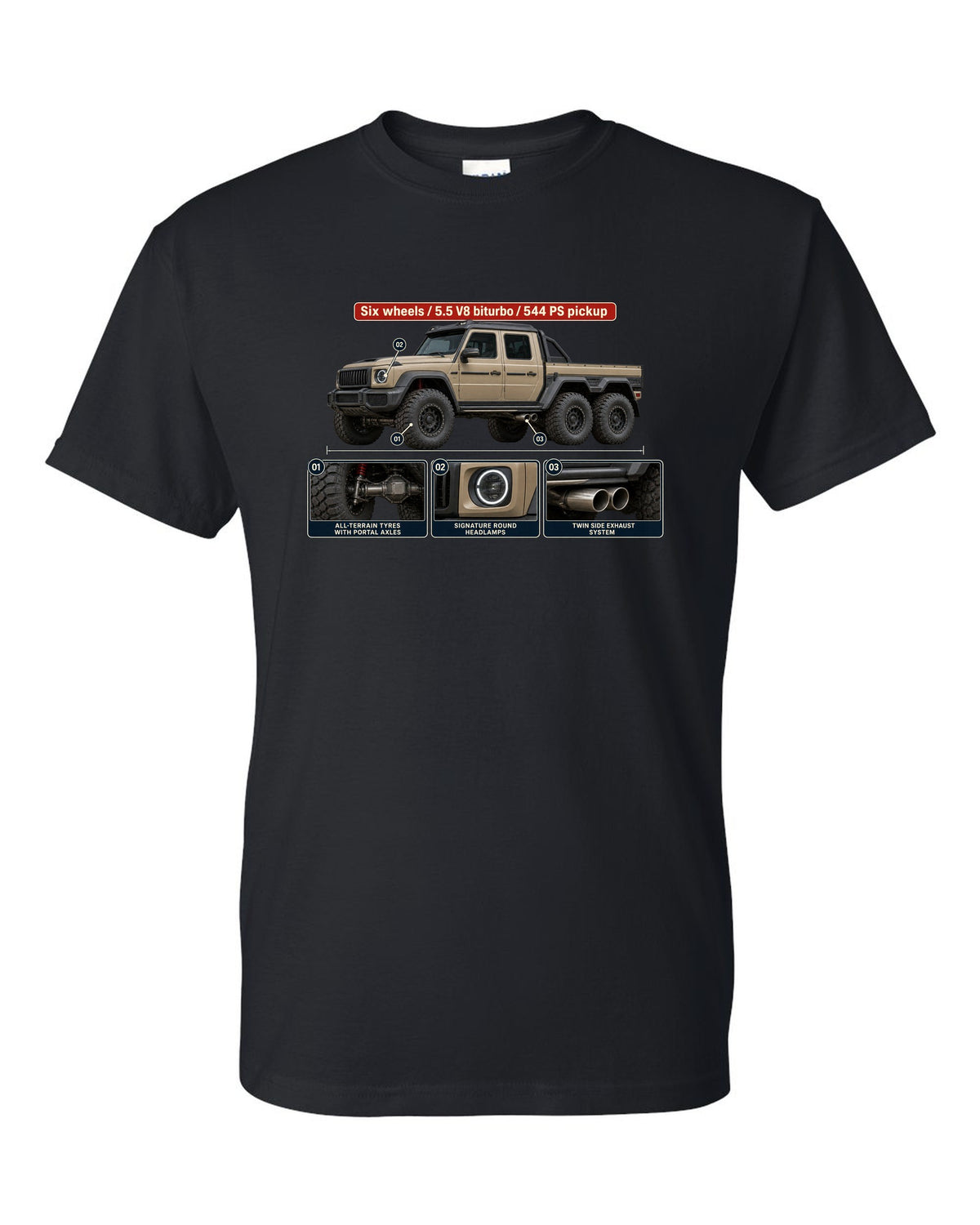 Dossier panel print of a Mercedes-Benz G63 AMG 6x6 W463 pickup black t-shirt front view with the design