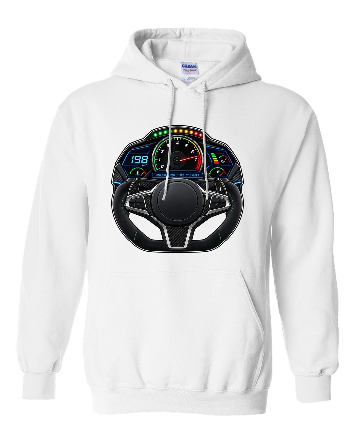 BMW G80 M3 interior gauge cluster HUD print with redline 7,200 text white pull over hoodie front view with the design