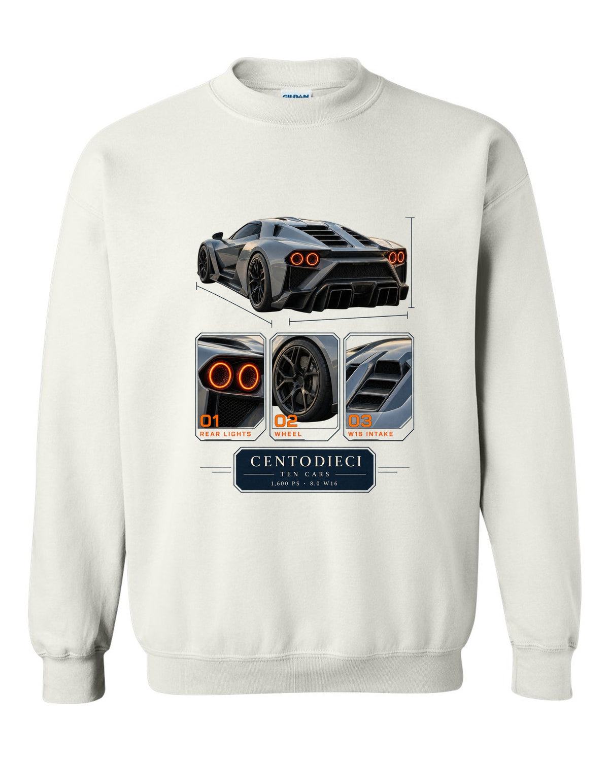 Dossier panel layout of the Bugatti Centodieci with ten-car text, print white crewneck front view with the design