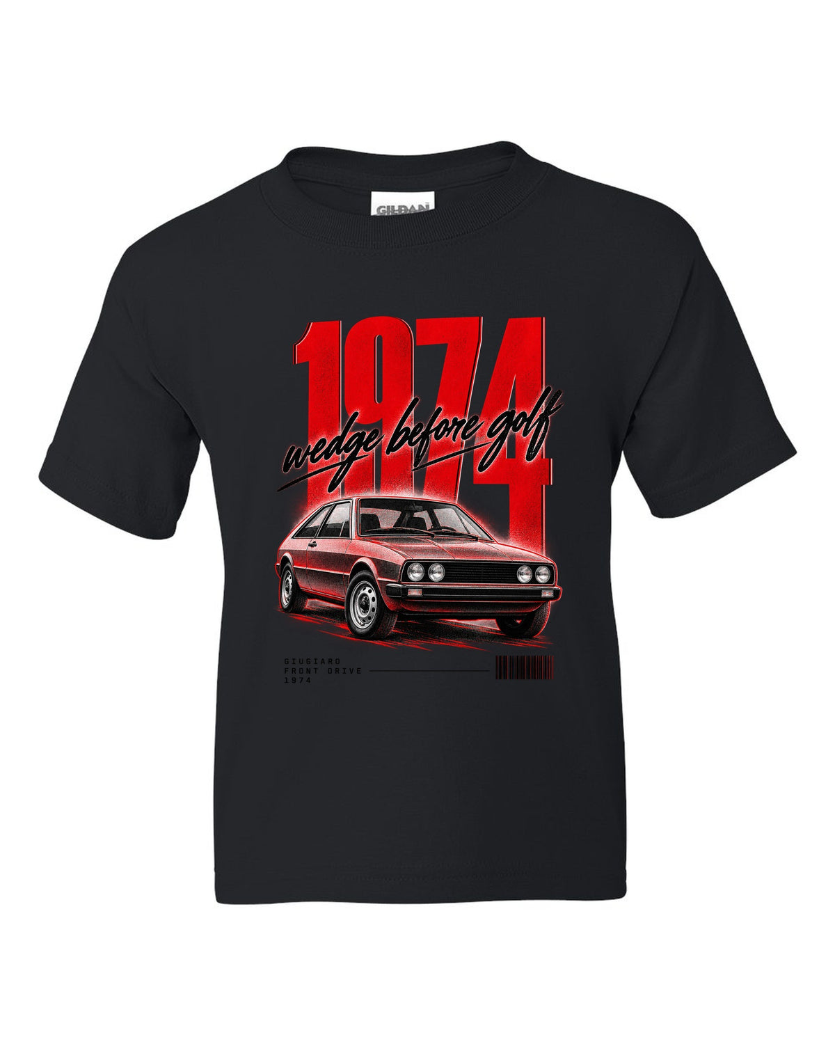 Street poster print of a VW Scirocco Mk1 front three-quarter with wedge before Golf 1974 text black kids tee front view with the design